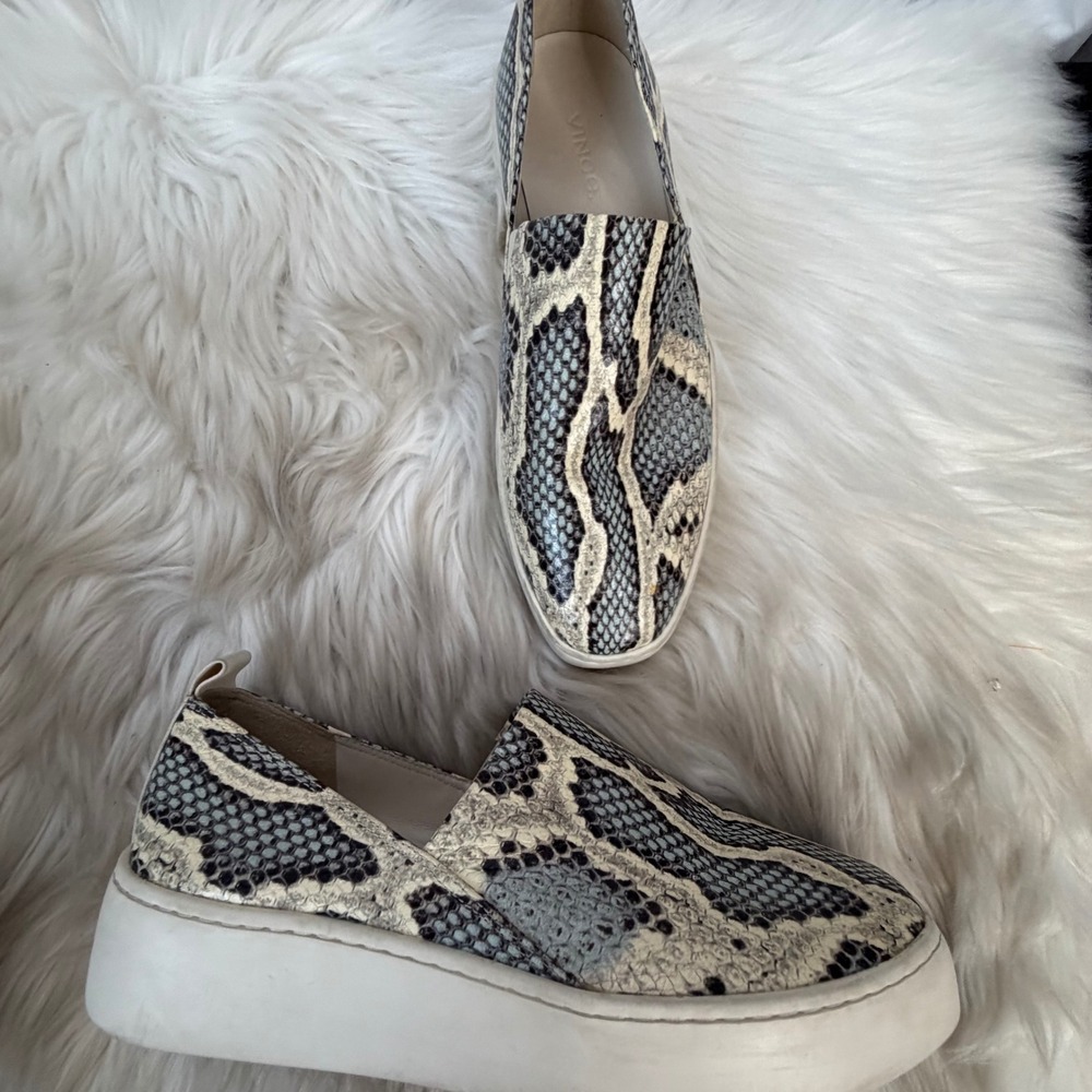 Vince Saxon 2 Snakeskin Embossed Leather Slip On Platform Sneakers Grey 6.5M